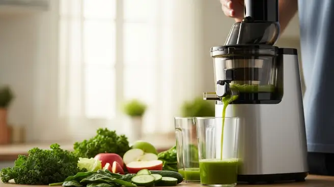 Een slowjuicer perst groen sap in twee glazen op een aanrecht vol fruit en groente.