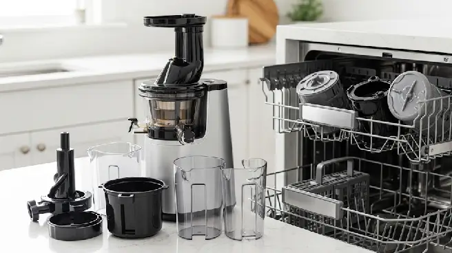 De onderdelen van een slowjuicer die in een vaatwasser worden geplaatst.