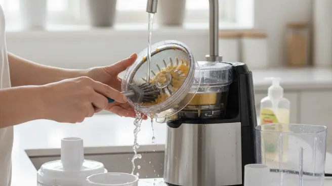 Vrouw maakt onderdelen sapcentrifuge schoon onder de kraan.