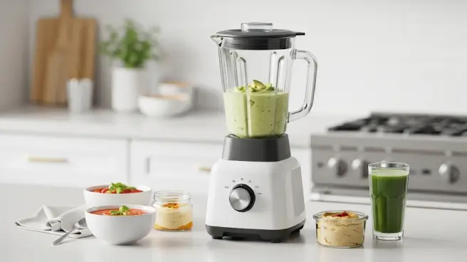 Een witte blender op een aanrecht met smoothies en soep.