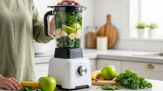 Handen die een blender vasthouden gevuld met groenten en fruit.
