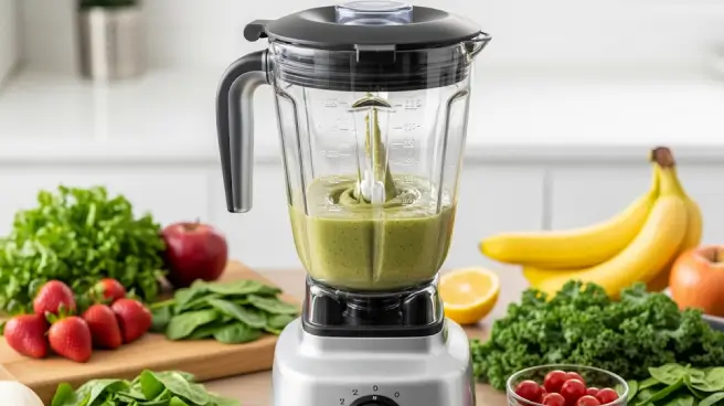 Een moderne keuken met fruit met wat is een blender maalt groene tot smoothie.
