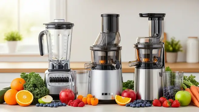 Drie keukenapparaten: een blender, een slowjuicer en een sapcentrifuge, omringd door fruit en groenten.