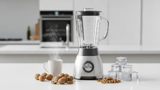 Blender op aanrecht met warme koffie, ijsblokjes en noten.