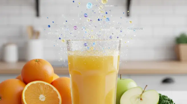 Verschillende vitaminen en mineralen zweven boven een glas vers sinaasappelsap.