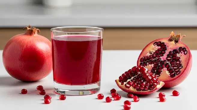 Glas granaatappelsap met een hele granaatappel en pitjes.