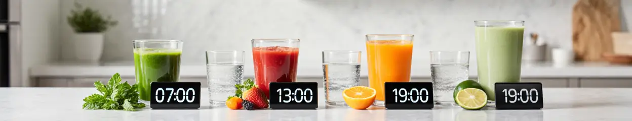 Afbeelding toont diverse sapjes en waterglazen met klokjes die de tijden 07:00, 13:00, 19:00 aangeven.