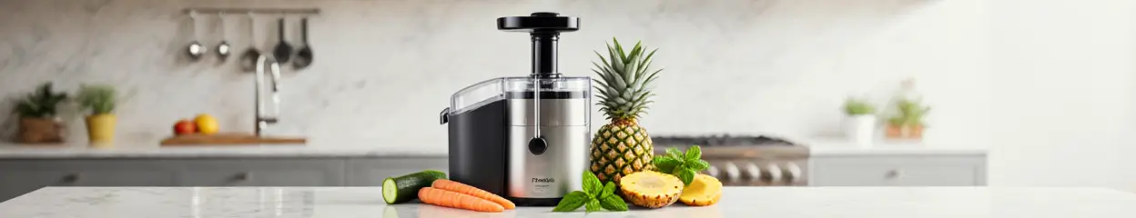 Een slowjuicer op een aanrecht met diverse groenten en fruit. Is zelfgemaakt sap gezond?