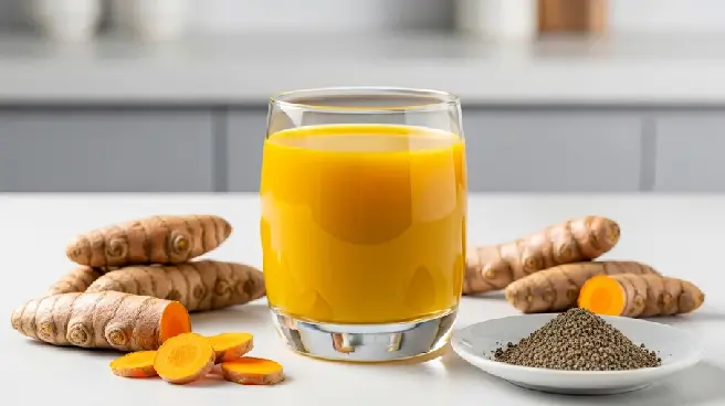 Geel kurkumasap in een glas met kurkumawortels en poeder.