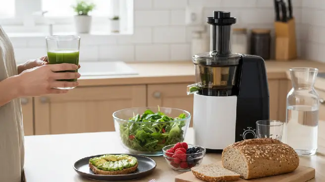 Een persoon drinkt een groen sapje, naast een juicer en een schaal fruit.