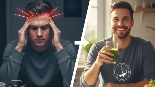 Een man heeft hoofdpijn, de andere lacht en drinkt een groen sapje.