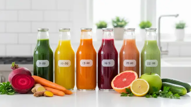 Zes flessen met gekleurde sappen, gemarkeerd met tijden, en detox ingrediënten.