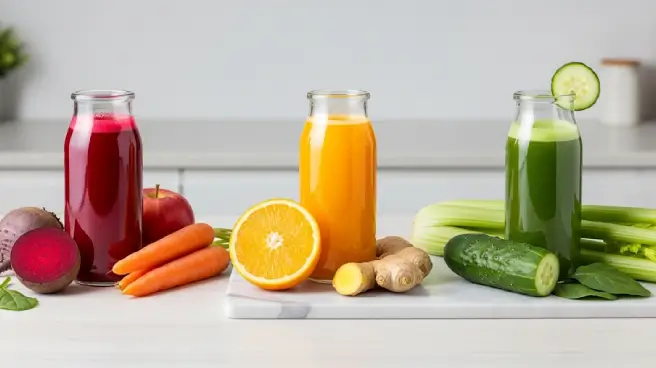 Drie glazen met rode, oranje en groene sappen, naast groenten en fruit.