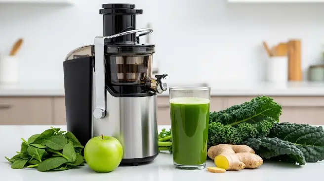 Coldpress juicer met spinazie, appel en gember en een glas groen sap.