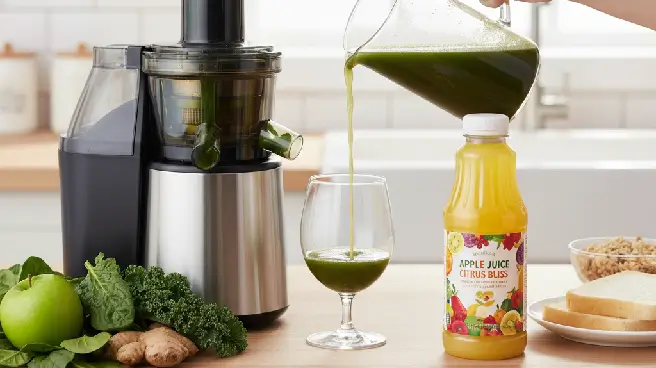 Een slowjuicer vult een glas, naast een fles gekocht sap met etiket.