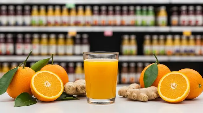 Een glas zelfgemaakt sinaasappelsap met gember, in de supermarkt.