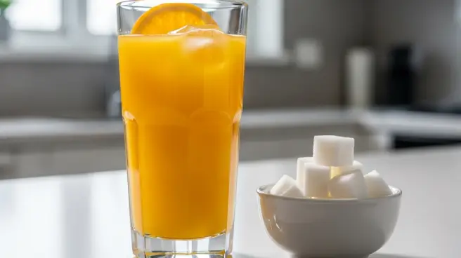 Een glas sinaasappelsap met suikerklontjes ernaast.