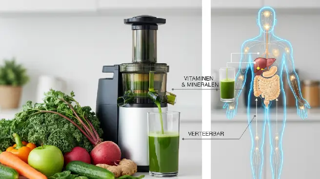 Een juicer maakt sap van groente en fruit, met een animatie van het menselijk lichaam.