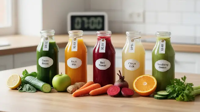 Vijf flessen met gekleurde sappen, gelabeld met namen en tijden.