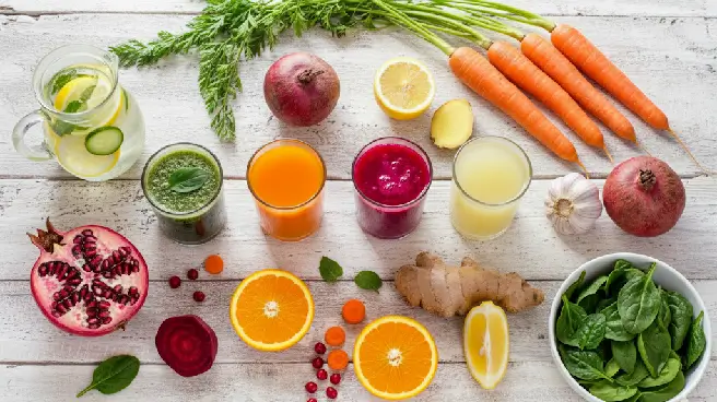 Verschillende verse vruchten en groenten met gezonde sapjes in glazen.