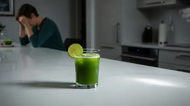 Een groen drankje staat op een aanrecht, met een oncomfortabele man op de achtergrond.