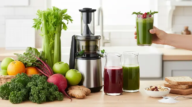 Een slowjuicer staat naast verse groenten, fruit en twee karaffen met sap.