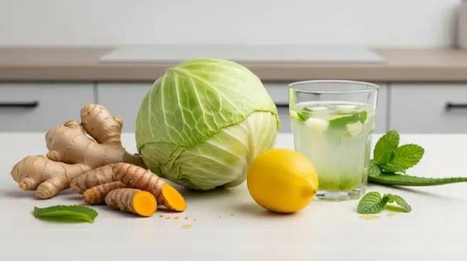 Ingrediënten voor een sapje, inclusief witte kool, gember, kurkuma, en citroen.