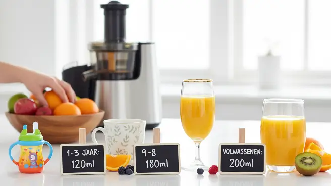 Vruchtensap glazen met bordjes die de aanbevolen hoeveelheden per leeftijd tonen.
