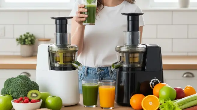 Verschillende juicers (wit en zwart) op een aanrecht met fruit, groenten en sap.