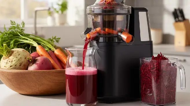 Zwarte slowjuicer perst donkerrood sap uit wortels in glas, met bietenpulp.