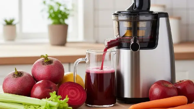Zilveren juicer voor harde groenten en fruit, met bietensap en wortels op tafel.