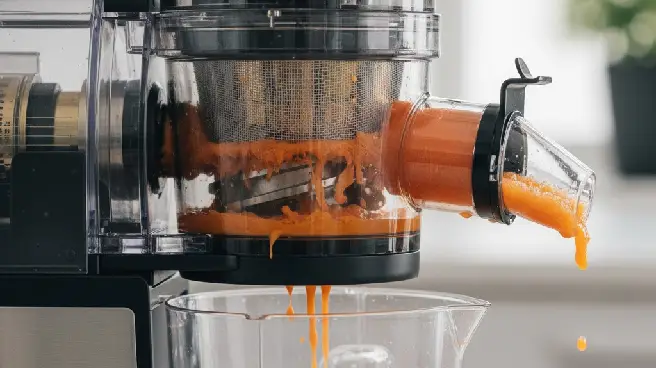 Close-up van een juicer die wortelsap maakt en uitschenkt in een kan.
