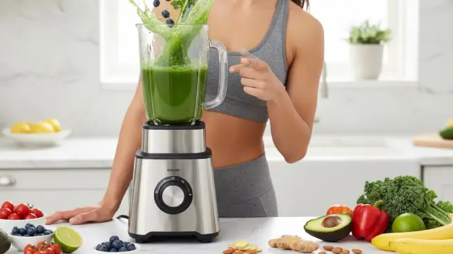 Vrouw maakt groene smoothie met blender, omringd door vers fruit en groenten.