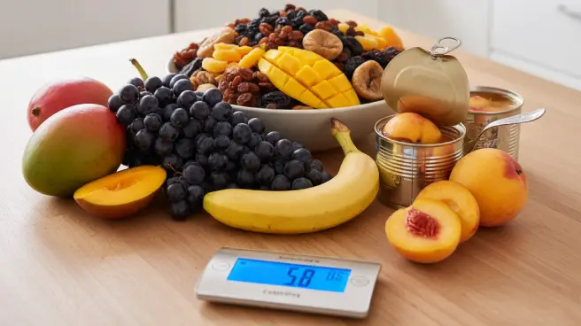 Banaan, druiven, mango en gedroogd fruit gewogen op een keukenweegschaal.