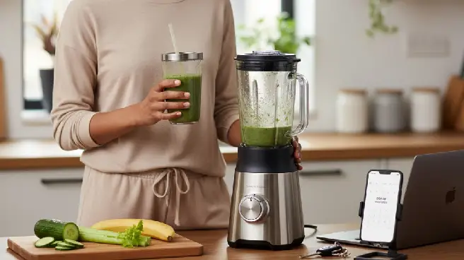 Vrouw drinkt smoothie naast blender en laptop; toont gemak.