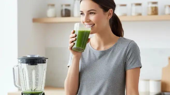 Vrouw drinkt groene smoothie uit een glas naast een blender in de keuken.