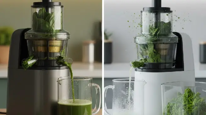 Verschil: slowjuicer (links, dik sap) versus centrifugaal (rechts, dun sap).