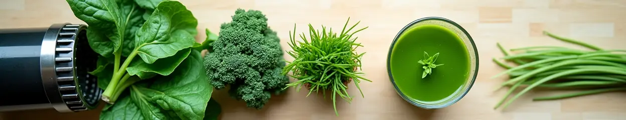 Juicer en verse bladgroenten, tarwegras en groen sap op houten tafel.