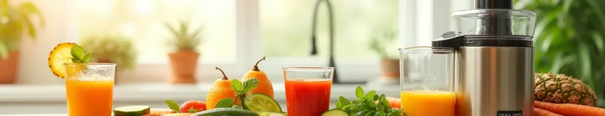 Verschillende glazen met vruchtensap en fruit op een aanrecht in de keuken.