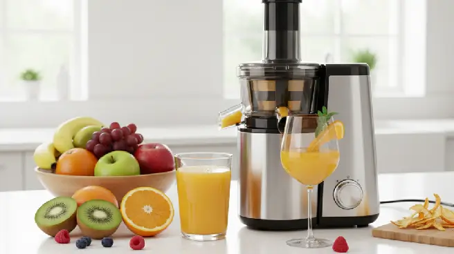 Een slowjuicer op het aanrecht met vers fruitsap en fruit.