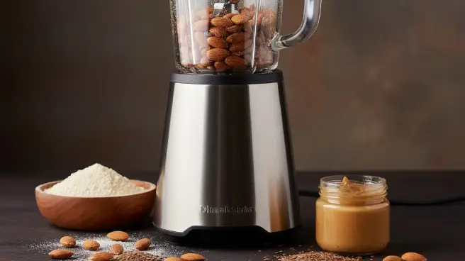 Blender vol amandelen en pot met notenpasta ernaast op donkere achtergrond. 