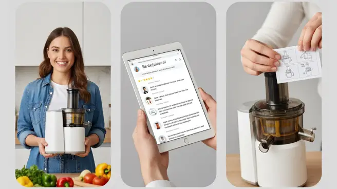 Vrouw met juicer, kijkt naar online juicer reviews en instructies.