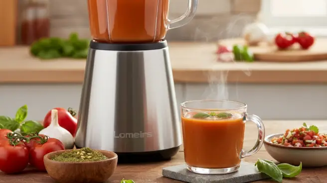 Warme tomatensoep in een mok en ingrediënten rondom een metalen blender.
