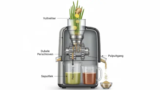 Illustratie van een twin gear juicer die twee soorten sap en pulp produceert.