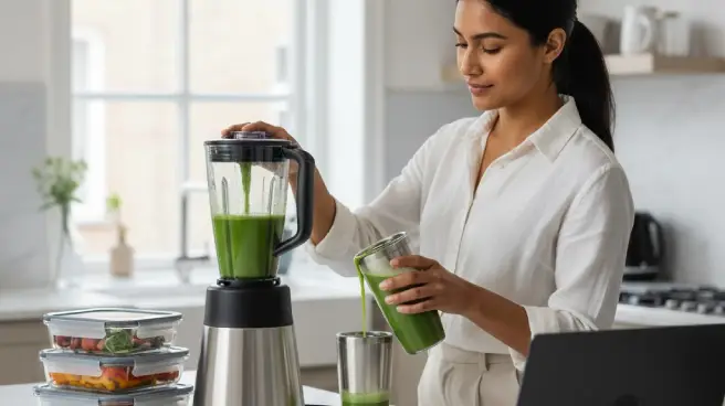 Vrouw maakt groene smoothie met blender en giet in beker; prep-bakjes ernaast.