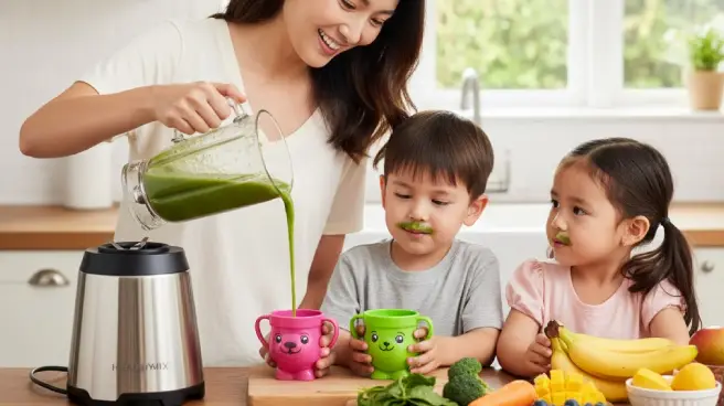 Moeder schenkt groene smoothie uit de blender voor lachende kinderen. 
