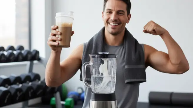 Man toont bicep met eiwitshake en blender in sportschool.