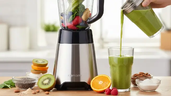 Groene smoothie uit blender wordt in glas geschonken, met fruit en zaden ernaast.