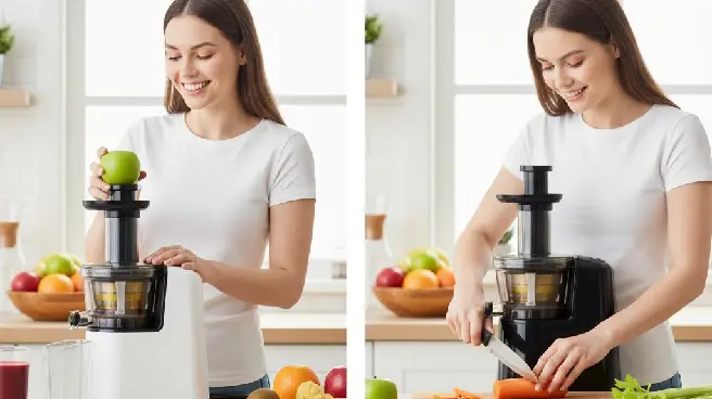Vrouw lacht terwijl ze een appel in een juicer stopt en wortel snijdt.