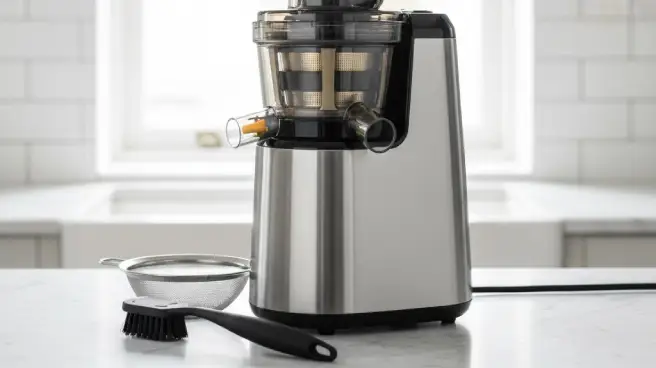 Een zilverkleurige juicer met een zeef en borstel op een wit aanrecht.